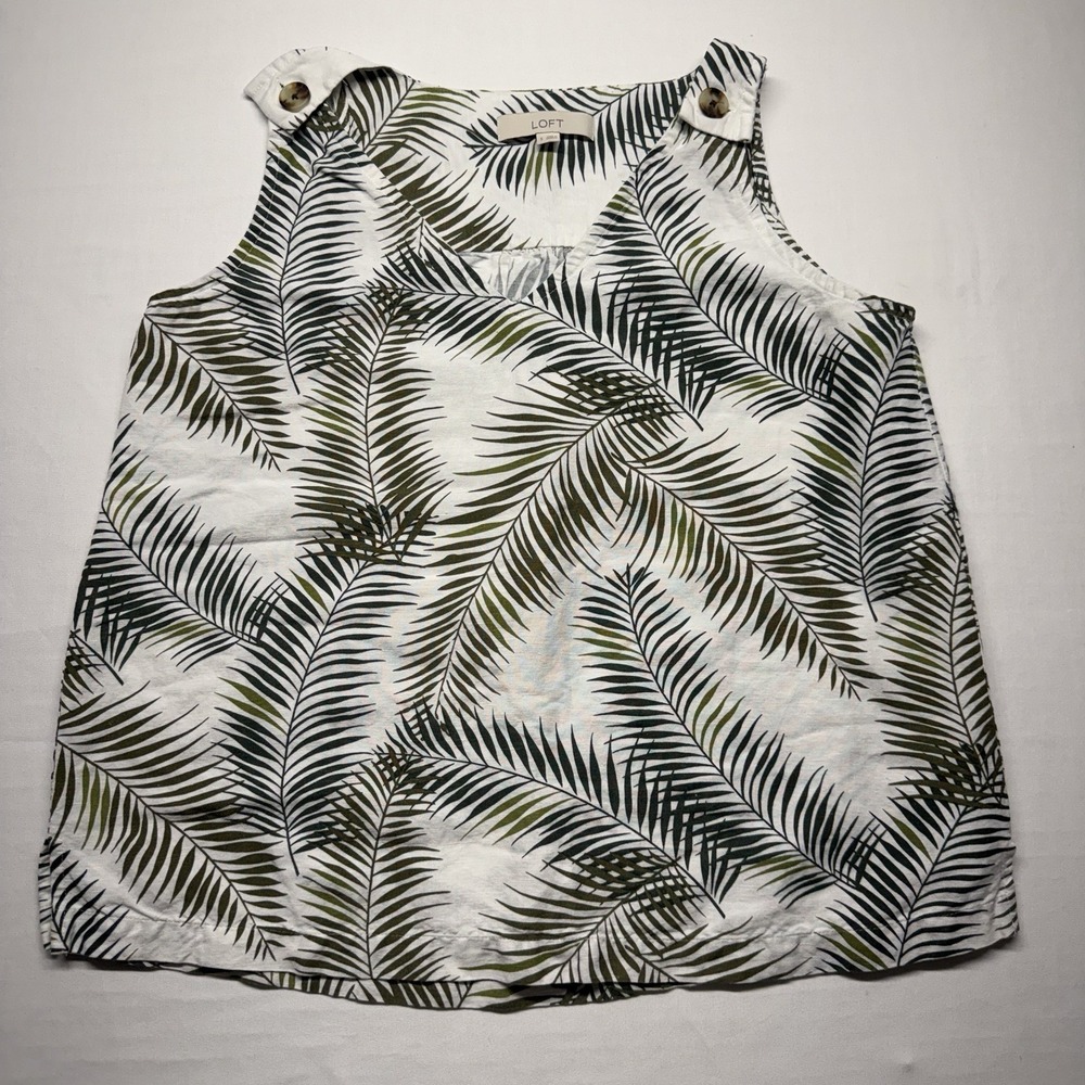 LOFT Palm Leaf Print Linen Blend Sleeveless Top‎ Button Shoulder Size S